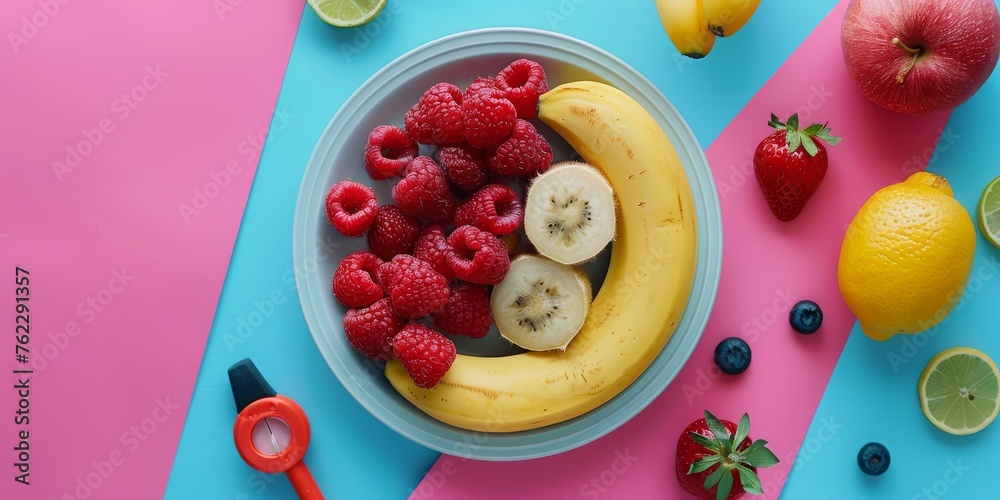 Bowl of Fruit With Bananas, Raspberries, Lemons, and Strawberries healthy food concept flat-lay. Generative AI Bowl of Fruit With Bananas, Raspberries, Lemons, and Strawberries healthy food concept flat-lay. Generative AI