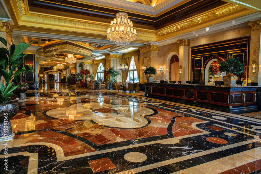Obraz premium expensive interior of the hotel lobby, reception, glossy marble floor with reflection, chandeliers