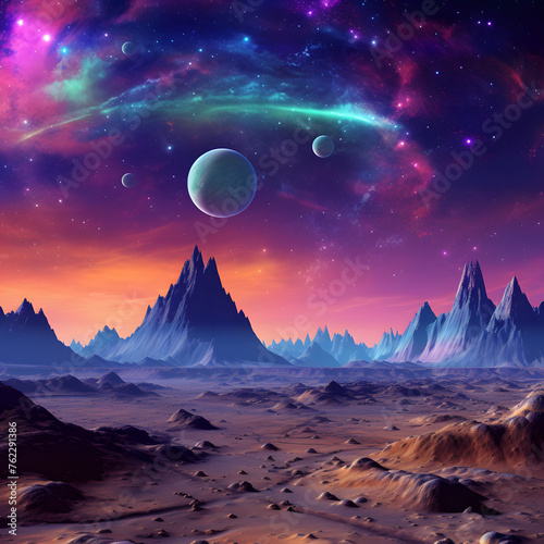 Futuristic fantasy landscape  sci-fi landscape with planet.