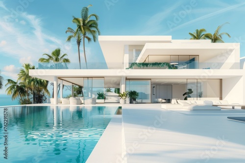 A modern white house with a swimming pool and palm trees in front, under a cloudy sky. The lush greenery creates a leisurely oasis © RichWolf