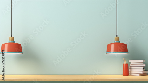 3D rendering of a desk with two orange lamps and a stack of books with a pencil holder on a wooden table against a pale green background.