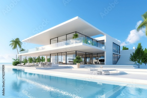 A modern white building on a tropical island with a swimming pool surrounded by lush trees. The facade is made of composite material, offering a leisurely escape with views of the aqua waters and sky