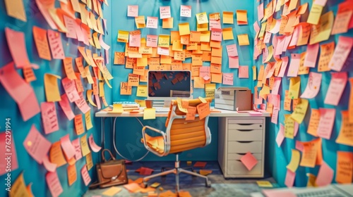 A desk covered in post-it notes with a computer placed on top, creating a busy and cluttered workspace in an office setting photo