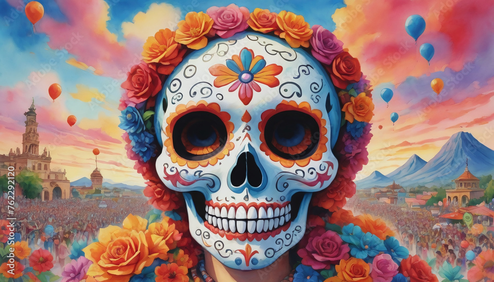 Watercolor Illustration Of Sugar Skull In Vibrant Cinco De Mayo Celebration Watercolor Illustration Of Sugar Skull In Vibrant Cinco De Mayo Celebration