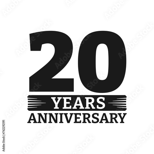 20 years logo or icon. 20th anniversary badge. Birthday celebrating, jubilee emblem design with number twenty. Vector illustration.