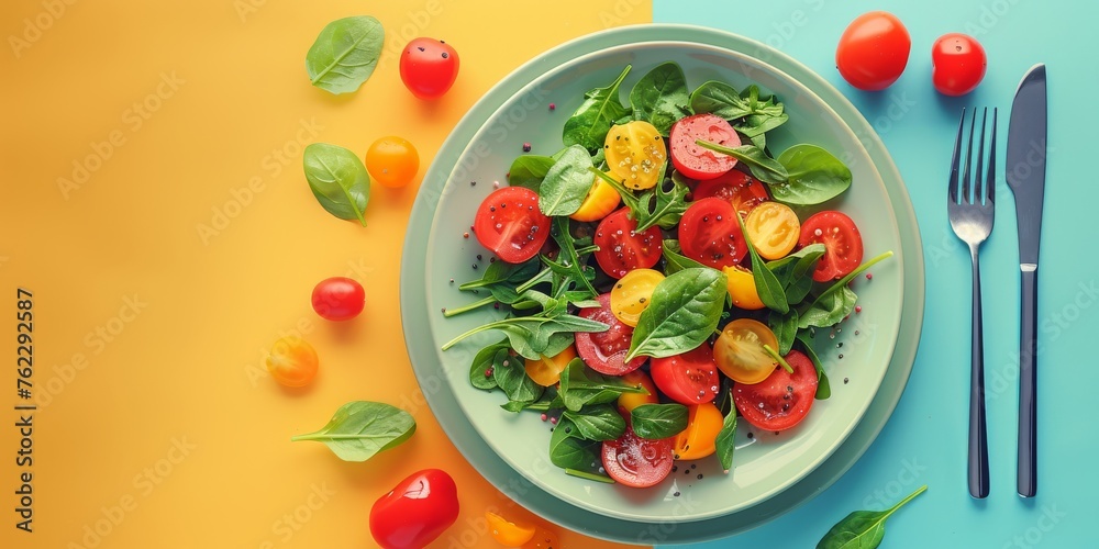 White Plate With Salad, Fork, and Knife healthy food concept flat-lay. Generative AI White Plate With Salad, Fork, and Knife healthy food concept flat-lay. Generative AI