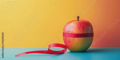 Apple With Red Ribbon healthy food concept flat-lay. Generative AI