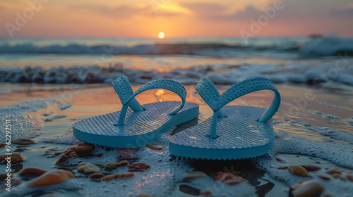 Blue flip-flop slippers on the seashore at sunset, close-up.