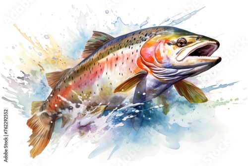 Vibrant Watercolor Illustration of a Leaping Rainbow Trout Against a Splattered Background