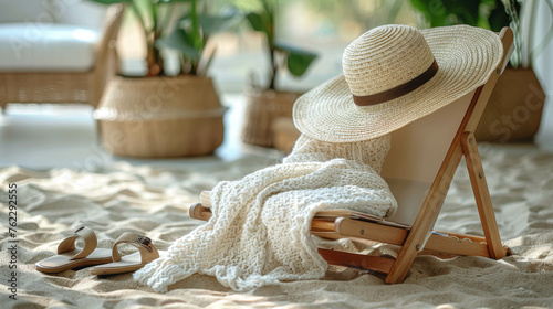 Wooden chair, blanket, slippers and hat on the sand.