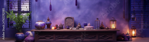 Ornate and colorful still life of various objects on a wooden table with a purple background.