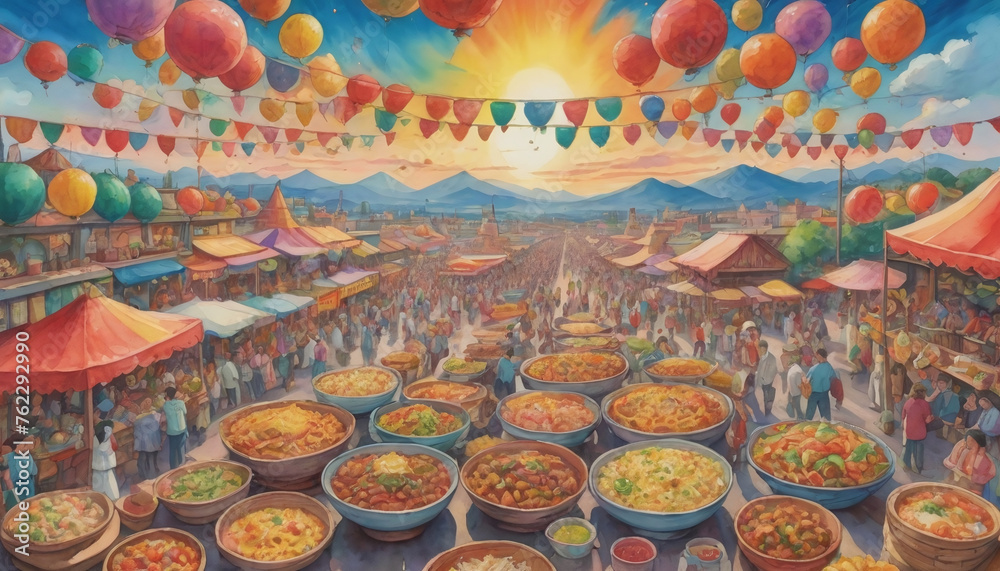 Watercolor Illustration Of Festive Mexican Food Festival Scene