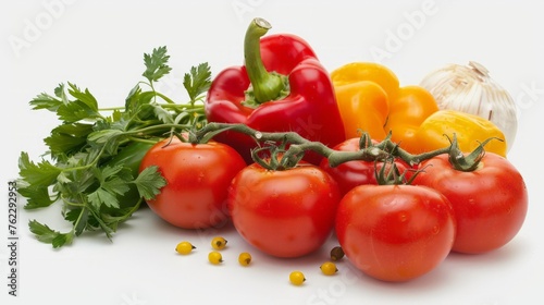 A picture of fresh tomatoes, bell peppers and other vegetables.