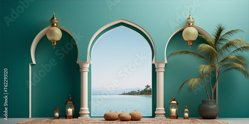 3D rendering of a Moorish style room with a view of the ocean