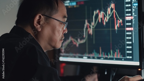 Crypto trader analyst investor looking at trading cryptocurrency financial charts on a computer screen, graph