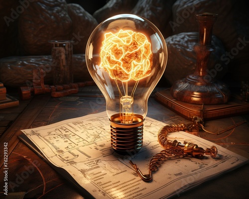 Brain and light bulb on an adventure map rocket compass ultra HD detailed textures exploratory theme high resolution photo