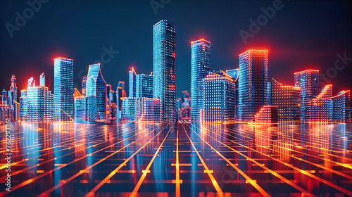 Future City Digital Network, Futuristic Technology and Urban Skyline, Connected Architecture and Neon Illumination