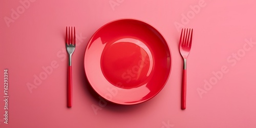 Red Plate With Fork and Knife on Pink Background healthy food concept flat-lay. Generative AI