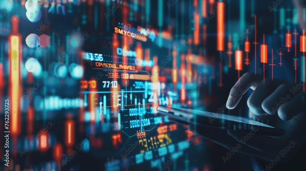 Double exposure of Financial chart with line graph in stock market and business man use smartphone background Double exposure of Financial chart with line graph in stock market and business man use smartphone background