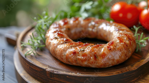 round fried homemade sausage lies on a wooden board with rosemary branches and tomatoes