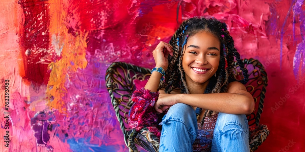 Creative urban art setting with a delighted young woman, her style blending seamlessly with the vivid abstract painting backdrop. Creative urban art setting with a delighted young woman, her style blending seamlessly with the vivid abstract painting backdrop.