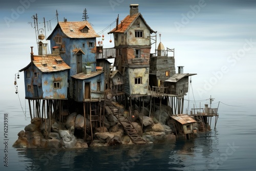 Resilient Raised island houses. Summer vacation. Generate Ai photo