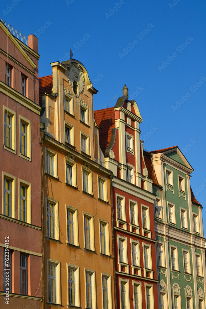 Colorful tenement houses in Wroclaw, Poland. Tenements facades at the Old Town of Wroclaw