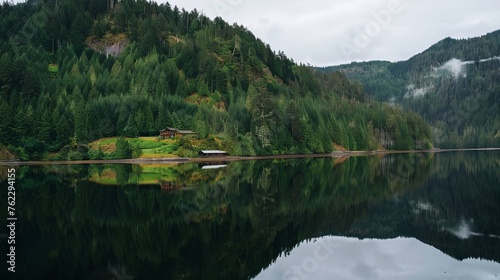 Mountain Lake Reflection with Evergreen Forest