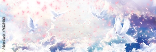 白い鳩と桜の花びらが舞う天国のファンタジー背景ワイドサイズイラスト
