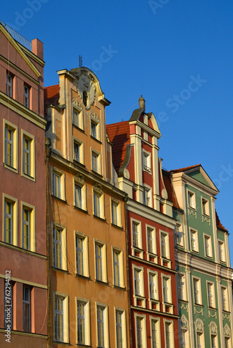 Colorful tenement houses in Wroclaw, Poland. Tenements facades at the Old Town of Wroclaw