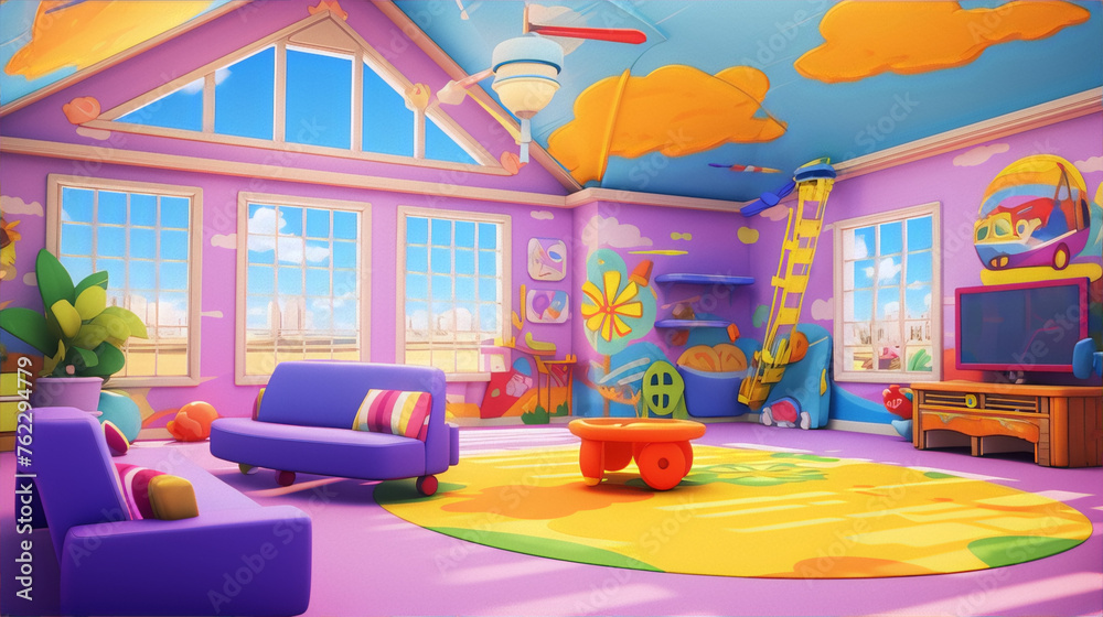 A colorful and vibrant living room with a purple sofa, pink walls, and a blue ceiling decorated with clouds. - obrazy, fototapety, plakaty 