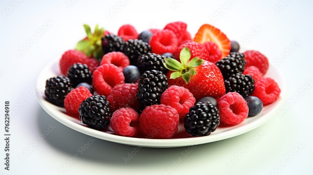 Colorful berries were beautifully placed on plates on the table. Colorful berries were beautifully placed on plates on the table.