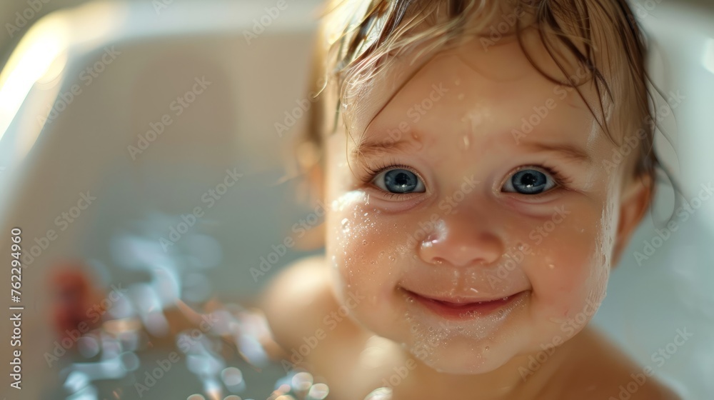 Baby boy bathes in a bath with foam and soap bubbles Baby boy bathes in a bath with foam and soap bubbles