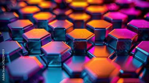 Tactile surface of hexagons, each emitting a different hue, symbolizing diversity and specialization within tech ecosystems