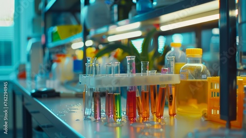 A moment in the lab where experts test for chemical residues in foods, with vibrant test tubes and state-of-the-art chromatography equipment Embrace the dedication to public health photo