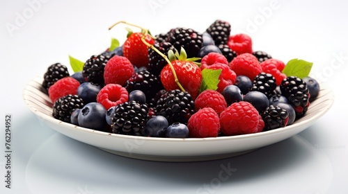 Colorful berries were beautifully placed on plates on the table.