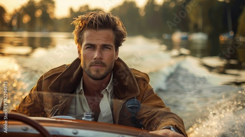 A man in a brown jacket on a boat.