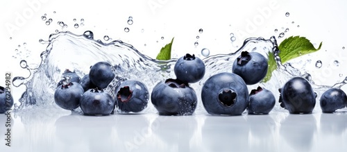 Blueberries, a fruit from the plant genus Vaccinium, are splashing in water on a white surface. This natural food is a popular ingredient in cuisine and dishes