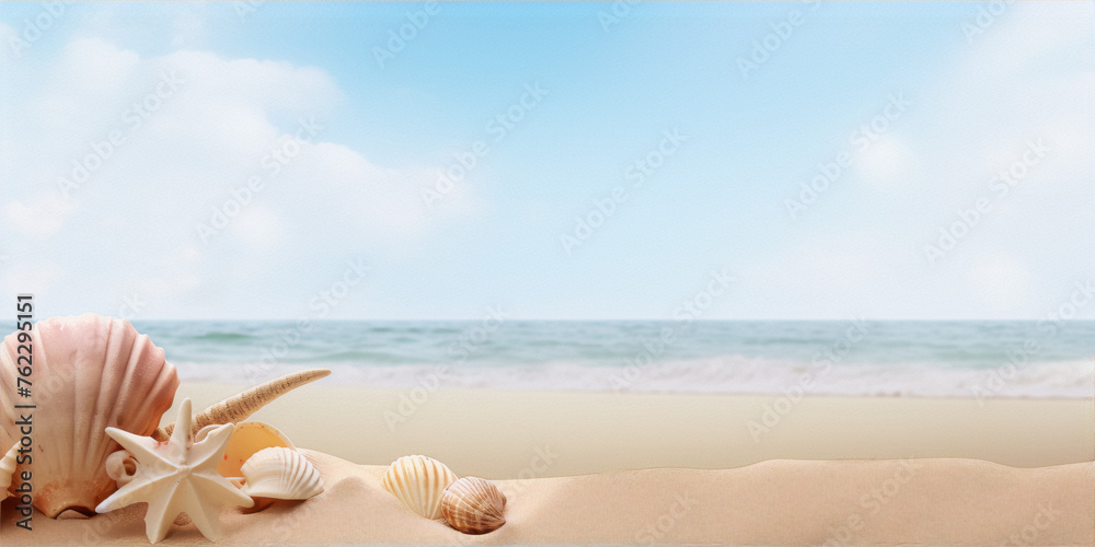 Shells and starfish on beach sand with blurred ocean and sky in background