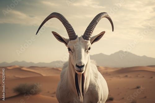 a goat with horns standing in a desert