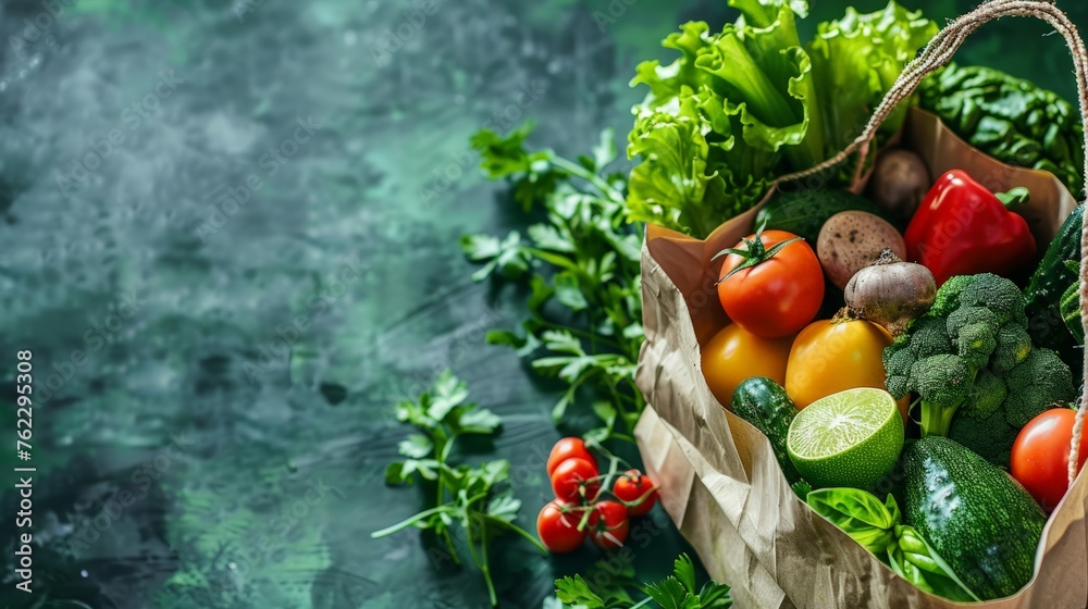 Shopping or delivery healthy food background. Healthy vegan vegetarian food in paper bag vegetables and fruits on green,