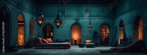 Blue-green room interior with a sofa, plants, and lanterns in a middle-eastern style. photo