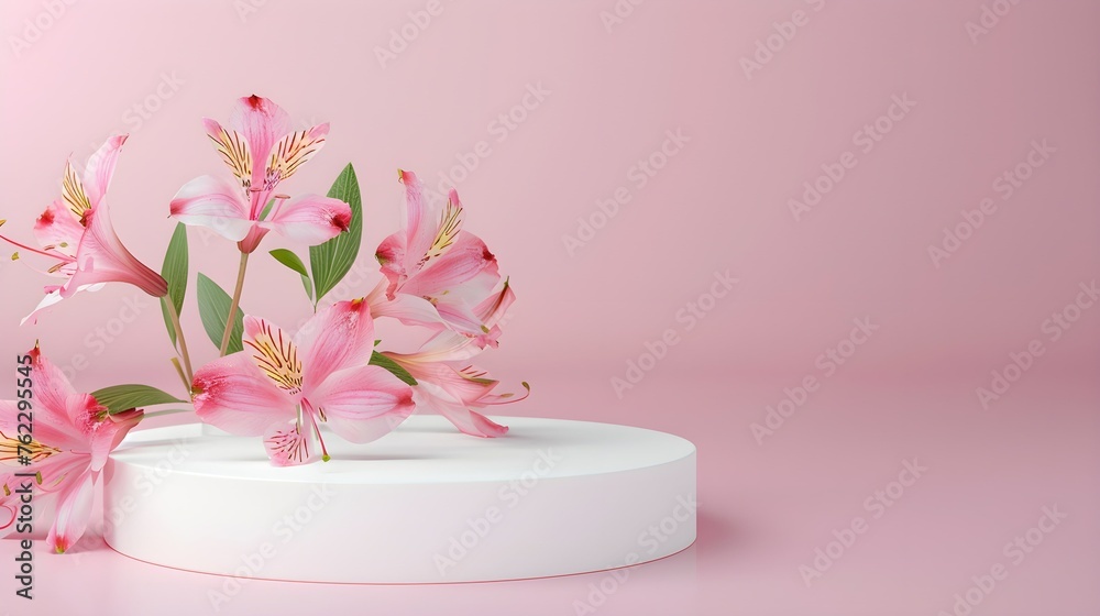 Empty white podium for your product presentation with alstroemeria flowers on the pink background Empty white podium for your product presentation with alstroemeria flowers on the pink background