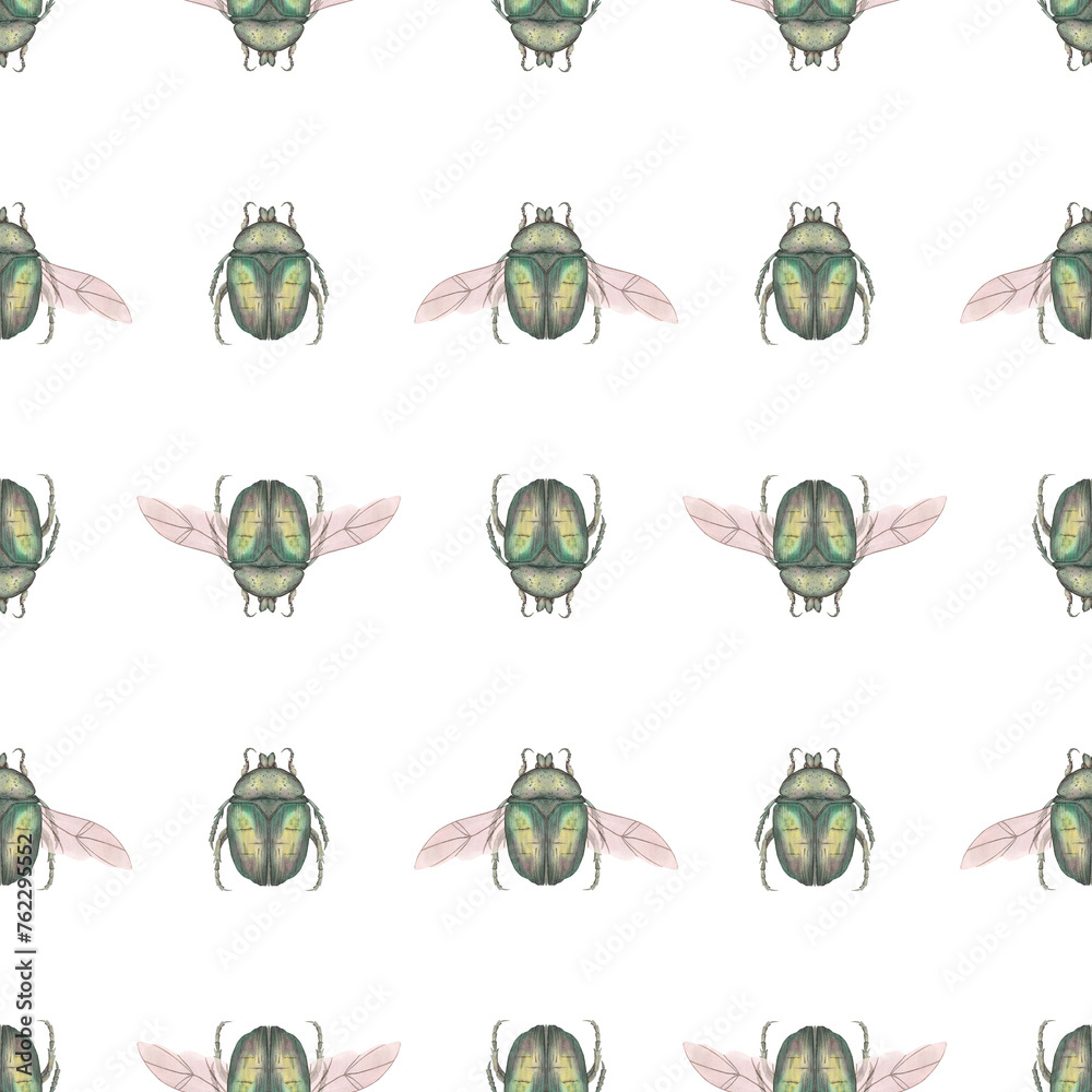 Naklejka premium Seamless pattern with green bronze beetles, hand-painted in watercolor on a white background. Close-up illustration of insects. Cetonia aurata. Template for the design of textiles, postcards, tablewar