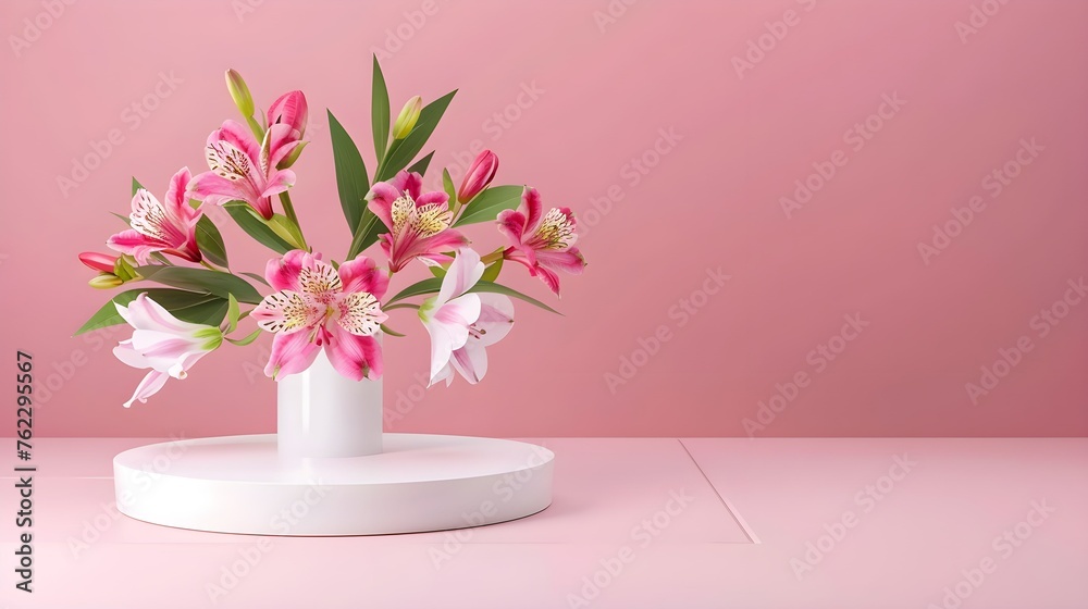 Empty white podium for your product presentation with alstroemeria flowers on the pink background Empty white podium for your product presentation with alstroemeria flowers on the pink background