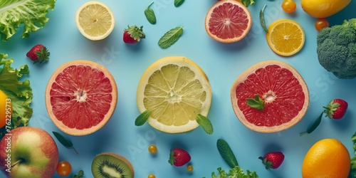 Fresh Fruits and Vegetables on Blue Background healthy food concept flat-lay. Generative AI