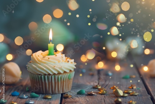 Cupcake with burning green candle on wooden table decorated with celebration objects and lights background. Horizontal composition. Elevated view.