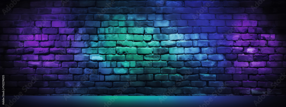 Abstract blue and purple brick wall with glowing neon lights in the dark Abstract blue and purple brick wall with glowing neon lights in the dark
