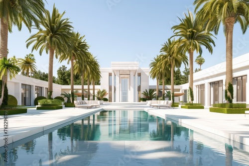A luxurious swimming pool with crystal clear water, surrounded by majestic palm trees, located in front of a white building with a stunning azure sky in the background © RichWolf
