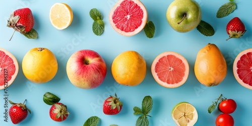 Variety of Fruits Arranged on Blue Background healthy food concept flat-lay. Generative AI